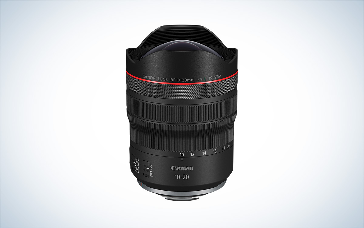 Canon RF 10-20mm f/4 L IS STM lens against a white background